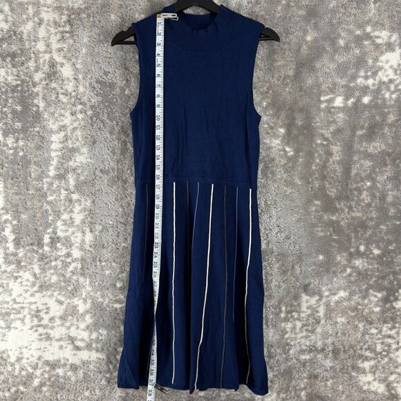 By Artisan Size L Fit Flared Knee Length Dress Navy Sleeveless Striped Casual - Picture 1 of 7